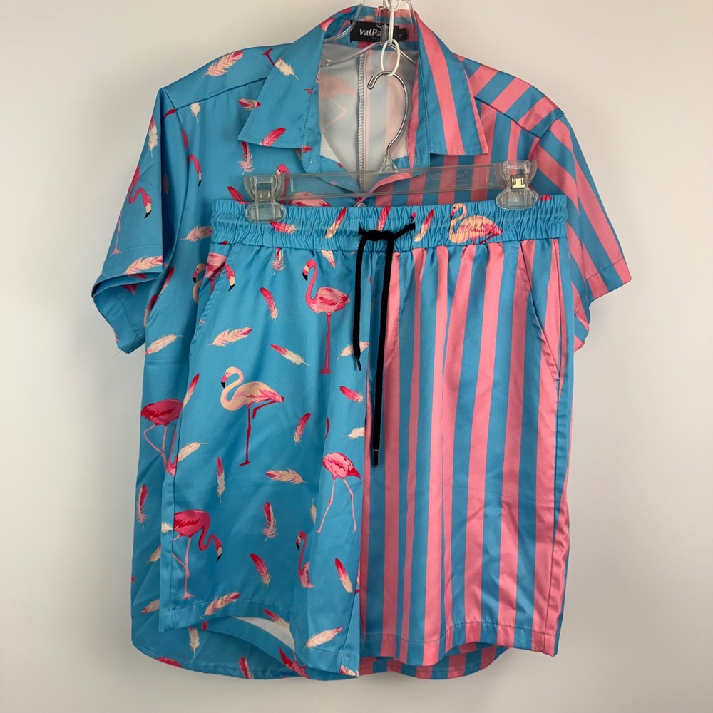 Vatpave Mens Flamingo Stripe Matching Set Blue Pink Summer Beach Outfit Small